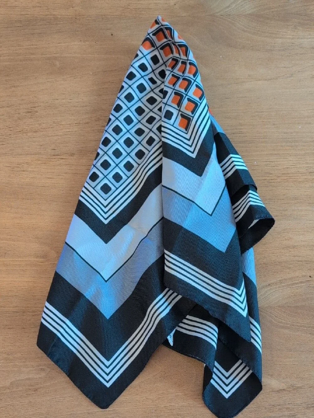 Vintage 1970's Geometric Pattern Silk Scarf in Black, White, Silver & Orange